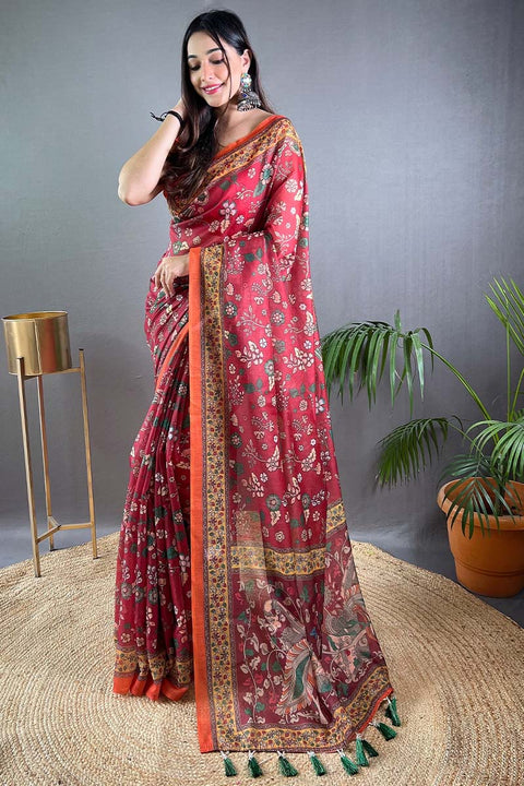 VastraLakshmi Refreshing Dark Pink Kalamkari Printed Saree With Flaunt Blouse Piece