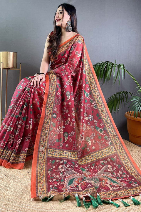 VastraLakshmi Refreshing Dark Pink Kalamkari Printed Saree With Flaunt Blouse Piece