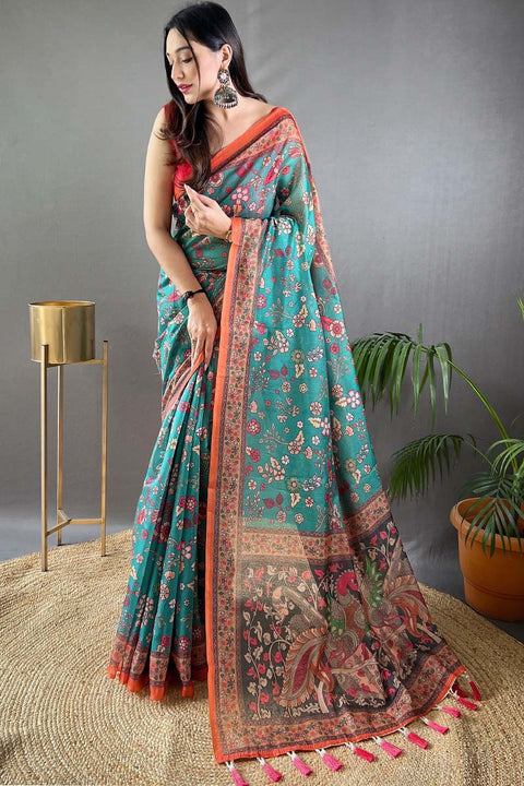 VastraLakshmi Gratifying Firozi Kalamkari Printed Saree With Girlish Blouse Piece