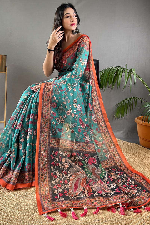 VastraLakshmi Gratifying Firozi Kalamkari Printed Saree With Girlish Blouse Piece