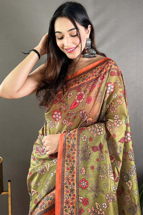 VastraLakshmi Smart Mehndi Kalamkari Printed Saree With Ethnic Blouse Piece