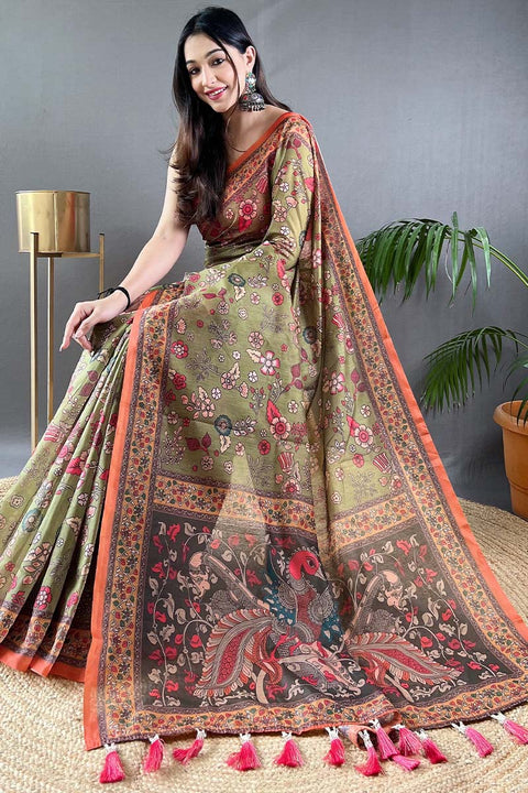 VastraLakshmi Smart Mehndi Kalamkari Printed Saree With Ethnic Blouse Piece