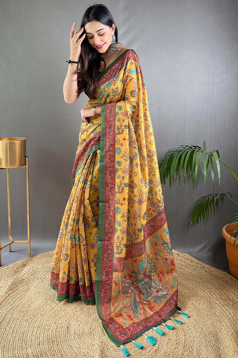 VastraLakshmi Hypnotic Mustard Kalamkari Printed Saree With Groovy Blouse Piece