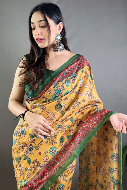 VastraLakshmi Hypnotic Mustard Kalamkari Printed Saree With Groovy Blouse Piece