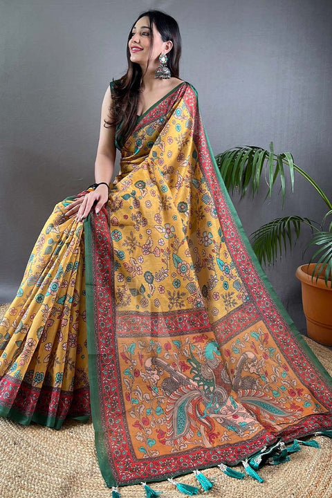 VastraLakshmi Hypnotic Mustard Kalamkari Printed Saree With Groovy Blouse Piece