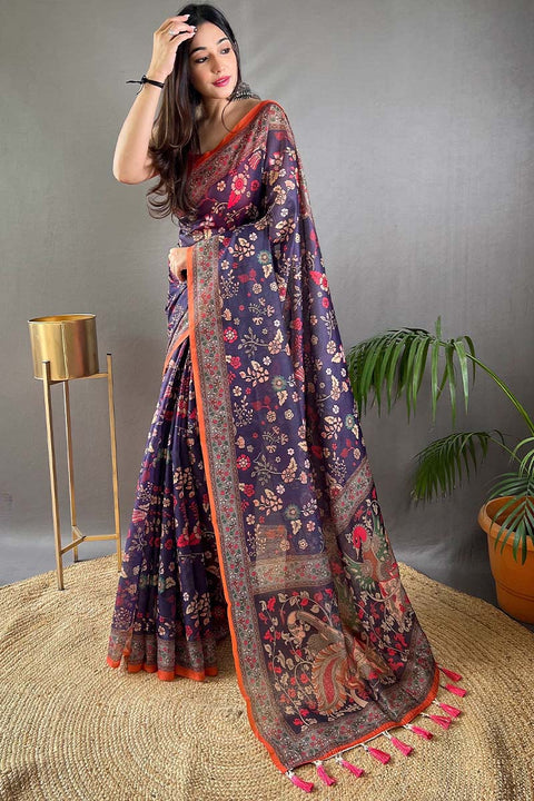 VastraLakshmi Fancifull Navy Blue Kalamkari Printed Saree With Twirling Blouse Piece