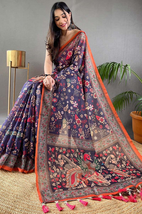 VastraLakshmi Fancifull Navy Blue Kalamkari Printed Saree With Twirling Blouse Piece