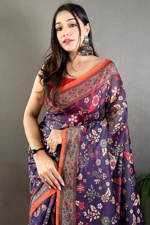 VastraLakshmi Fancifull Navy Blue Kalamkari Printed Saree With Twirling Blouse Piece