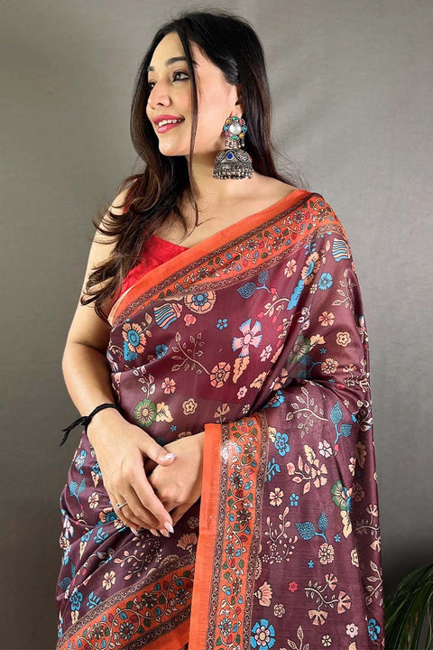 VastraLakshmi Adoring Wine Kalamkari Printed Saree With Excellent Blouse Piece