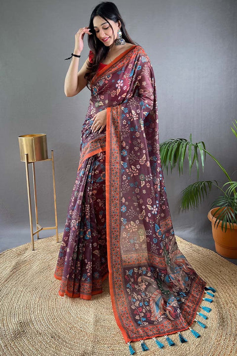 VastraLakshmi Adoring Wine Kalamkari Printed Saree With Excellent Blouse Piece