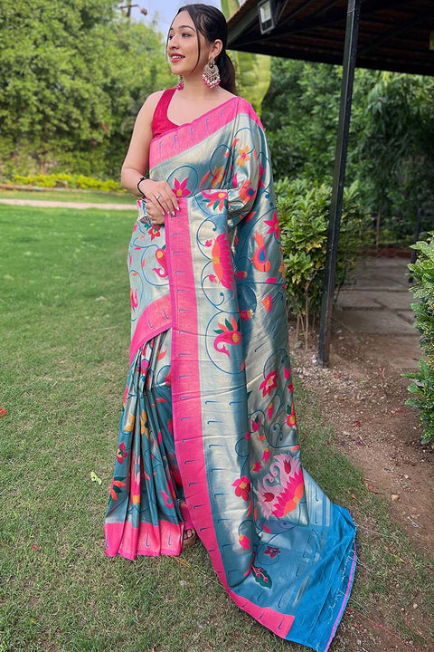 VastraLakshmi Allure Firozi Paithani Silk Saree With Energetic Blouse Piece