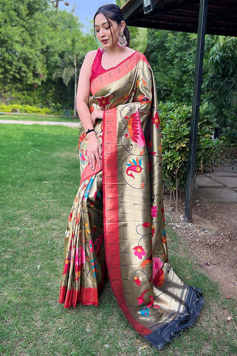 VastraLakshmi Lustrous Mehndi Paithani Silk Saree With Sizzling Blouse Piece