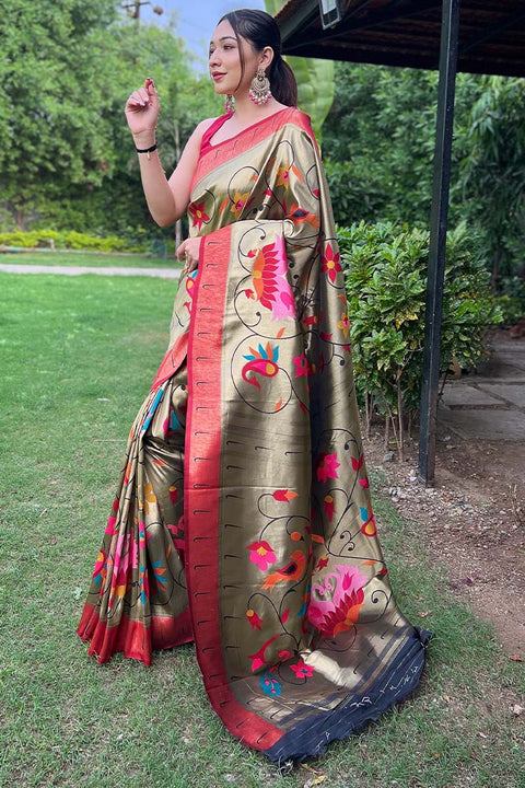 VastraLakshmi Lustrous Mehndi Paithani Silk Saree With Sizzling Blouse Piece