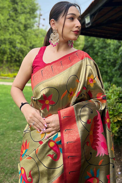 VastraLakshmi Lustrous Mehndi Paithani Silk Saree With Sizzling Blouse Piece