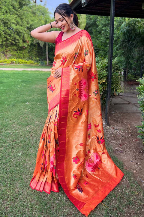 VastraLakshmi Tantalizing Orange Paithani Silk Saree With Mesmerising Blouse Piece