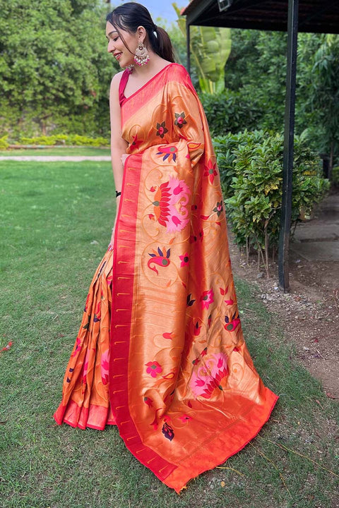 VastraLakshmi Tantalizing Orange Paithani Silk Saree With Mesmerising Blouse Piece