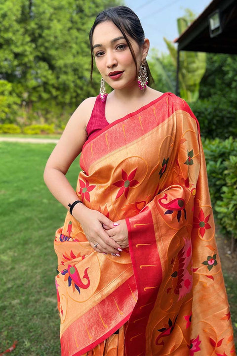 VastraLakshmi Tantalizing Orange Paithani Silk Saree With Mesmerising Blouse Piece