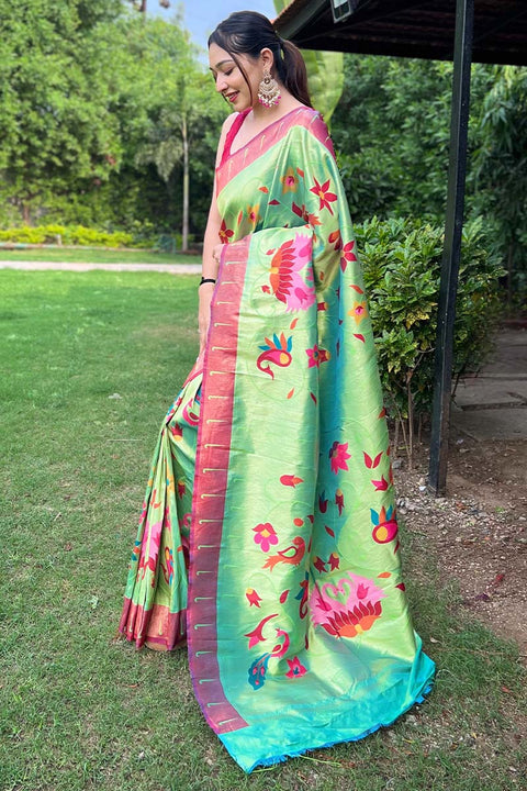 VastraLakshmi Lustrous Parrot Paithani Silk Saree With Dazzling Blouse Piece