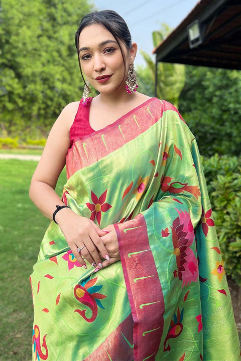 VastraLakshmi Lustrous Parrot Paithani Silk Saree With Dazzling Blouse Piece