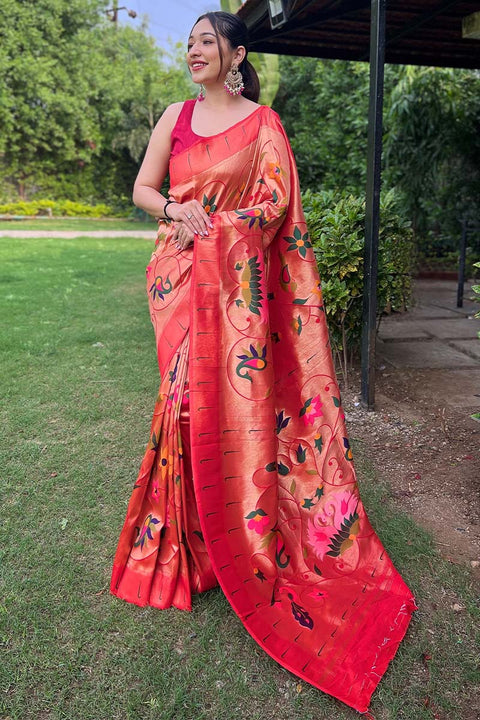 VastraLakshmi Exemplary Red Paithani Silk Saree With Staring Blouse Piece