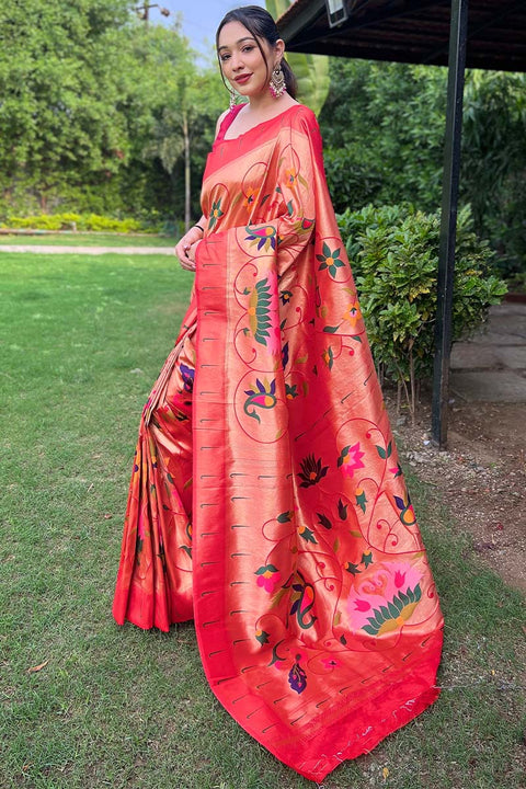 VastraLakshmi Exemplary Red Paithani Silk Saree With Staring Blouse Piece