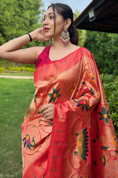 VastraLakshmi Exemplary Red Paithani Silk Saree With Staring Blouse Piece