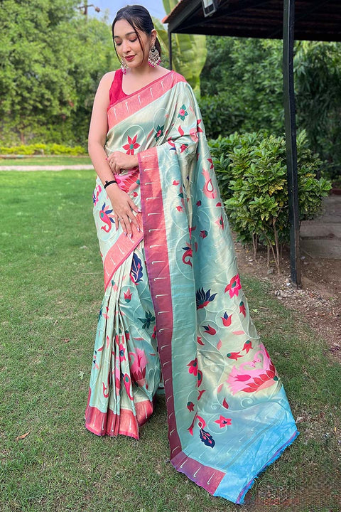 VastraLakshmi Enigmatic Sea Green Paithani Silk Saree With Intricate Blouse Piece