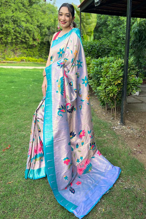 VastraLakshmi Beguiling Sky Paithani Silk Saree With Breathtaking Blouse Piece