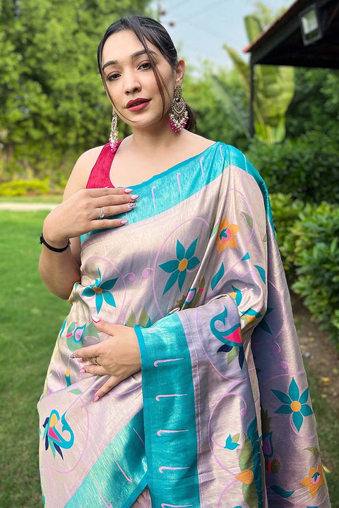 VastraLakshmi Beguiling Sky Paithani Silk Saree With Breathtaking Blouse Piece