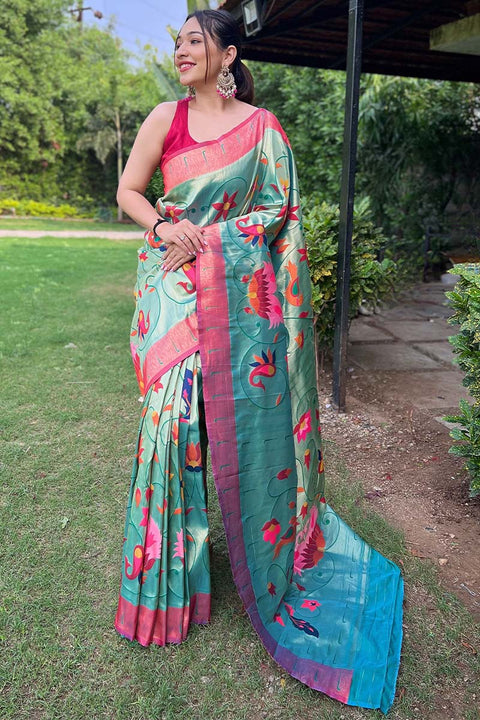 VastraLakshmi Ethereal Turquoise Paithani Silk Saree With Radiant Blouse Piece