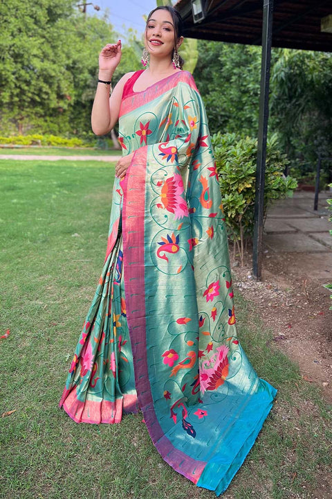 VastraLakshmi Ethereal Turquoise Paithani Silk Saree With Radiant Blouse Piece