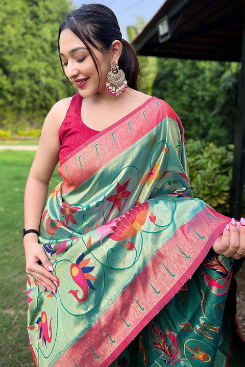 VastraLakshmi Ethereal Turquoise Paithani Silk Saree With Radiant Blouse Piece