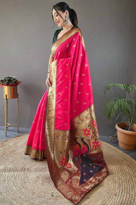 VastraLakshmi Skinny Dark Pink Paithani Silk Saree With Beautiful Blouse Piece