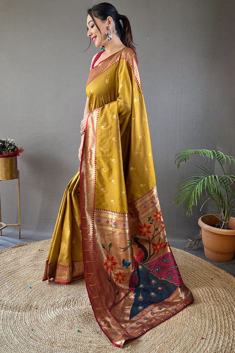 VastraLakshmi Flattering Mustard Paithani Silk Saree With Adorning Blouse Piece