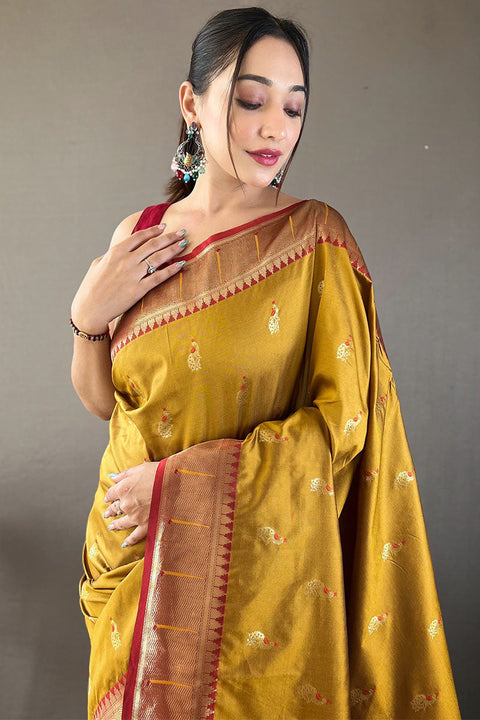 VastraLakshmi Flattering Mustard Paithani Silk Saree With Adorning Blouse Piece