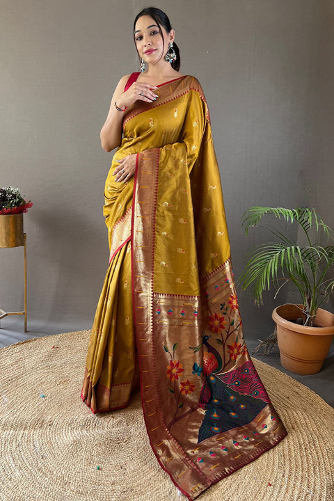 VastraLakshmi Flattering Mustard Paithani Silk Saree With Adorning Blouse Piece