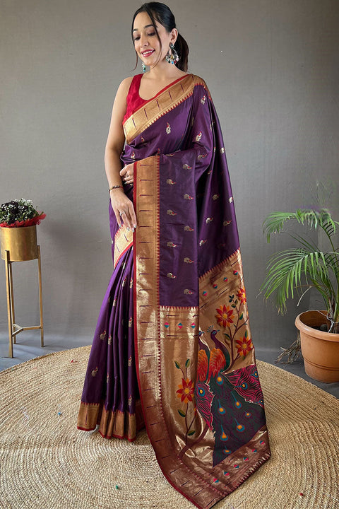 VastraLakshmi Appealing Purple Paithani Silk Saree With Flameboyant Blouse Piece