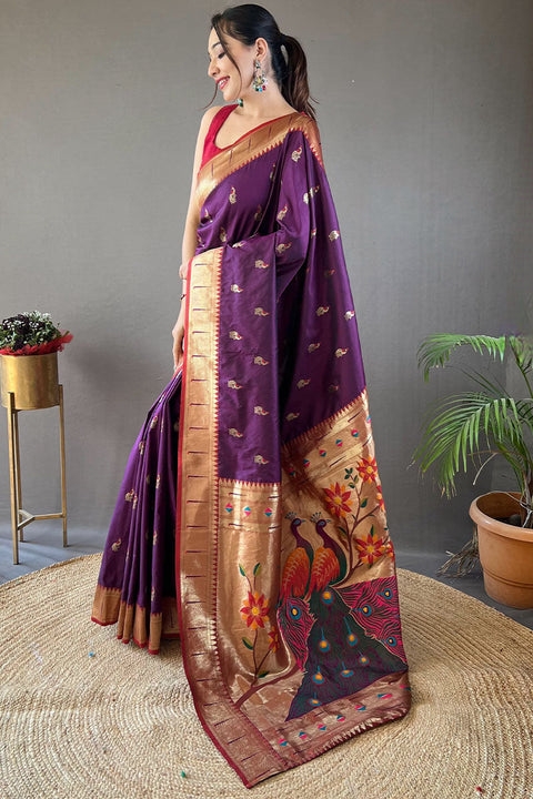 VastraLakshmi Appealing Purple Paithani Silk Saree With Flameboyant Blouse Piece