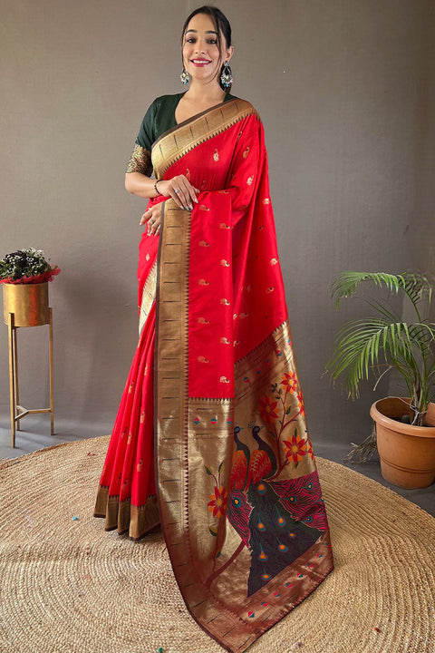 VastraLakshmi Classic Red Paithani Silk Saree With Bewitching Blouse Piece