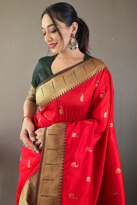 VastraLakshmi Classic Red Paithani Silk Saree With Bewitching Blouse Piece