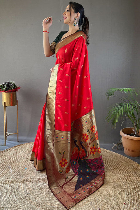 VastraLakshmi Classic Red Paithani Silk Saree With Bewitching Blouse Piece