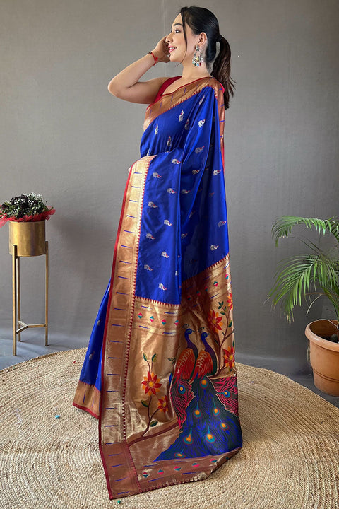 VastraLakshmi Desultory Royal Blue Paithani Silk Saree With Embrocation Blouse Piece