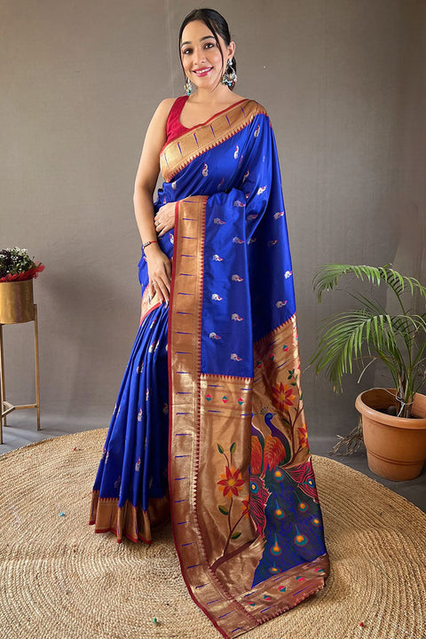 VastraLakshmi Desultory Royal Blue Paithani Silk Saree With Embrocation Blouse Piece