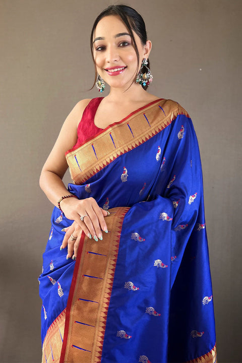 VastraLakshmi Desultory Royal Blue Paithani Silk Saree With Embrocation Blouse Piece