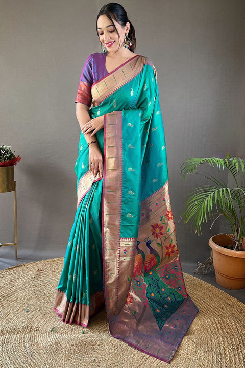 VastraLakshmi Evanescent Turquoise Paithani Silk Saree With Palimpsest Blouse Piece