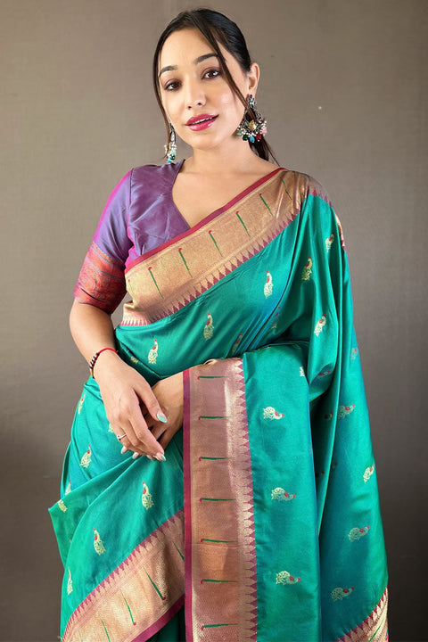 VastraLakshmi Evanescent Turquoise Paithani Silk Saree With Palimpsest Blouse Piece