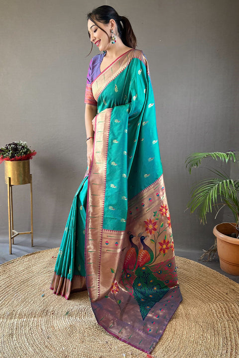 VastraLakshmi Evanescent Turquoise Paithani Silk Saree With Palimpsest Blouse Piece