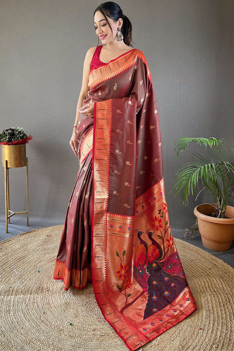 VastraLakshmi Staggering Wine Paithani Silk Saree With Incredible Blouse Piece