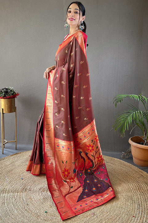 VastraLakshmi Staggering Wine Paithani Silk Saree With Incredible Blouse Piece