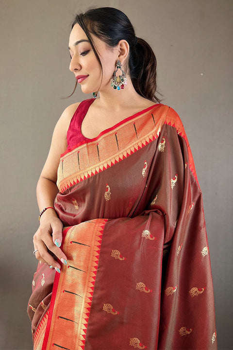 VastraLakshmi Staggering Wine Paithani Silk Saree With Incredible Blouse Piece